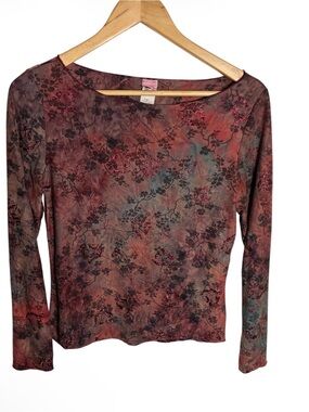 Vintage Y2K Ire tie dye layered floral glitter boatneck long sleeve blouse L